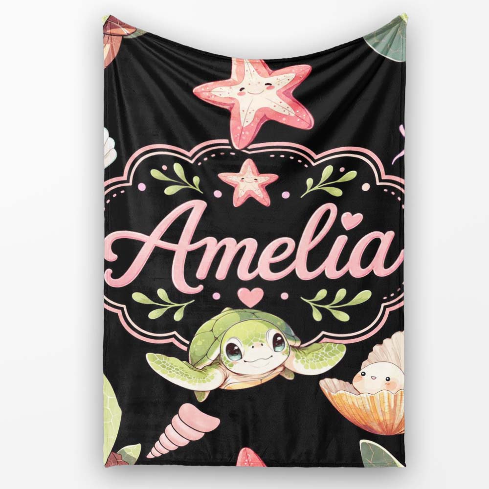 Cute Cartoon Sea Turtle Starfish Shells on White Background Seamless Personalised Custom Name Super Soft Fleece Blanket Bed Sofa Throw