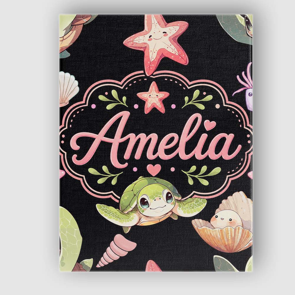Personalised Name Cute Cartoon Sea Turtle Custom Unique Gift Idea Elegant Feature Canvas Wall Art Print Decor Picture Ready to Hang
