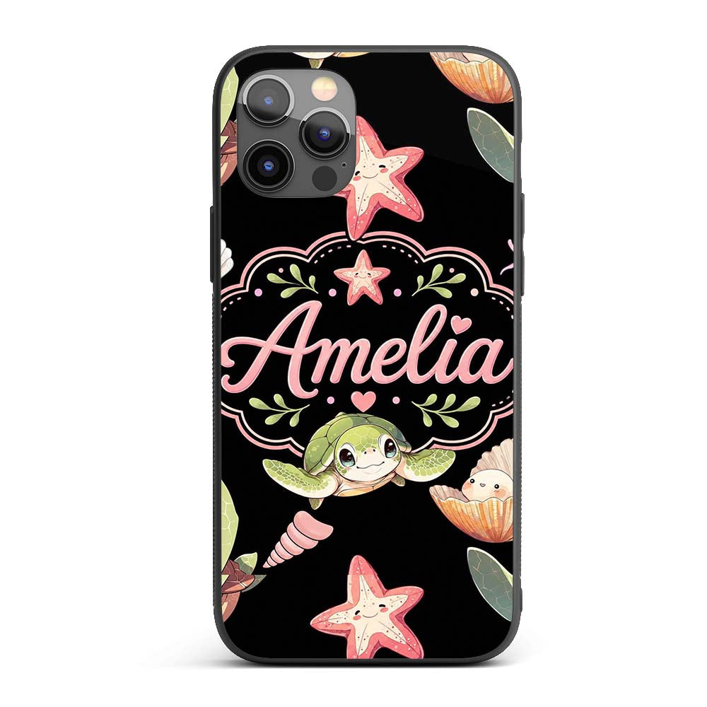 Cute Cartoon Sea Turtle Starfish Shells on White Custom Name Protective Phone Case Mobile Cover Durable Everyday Smartphone Shock Resistant