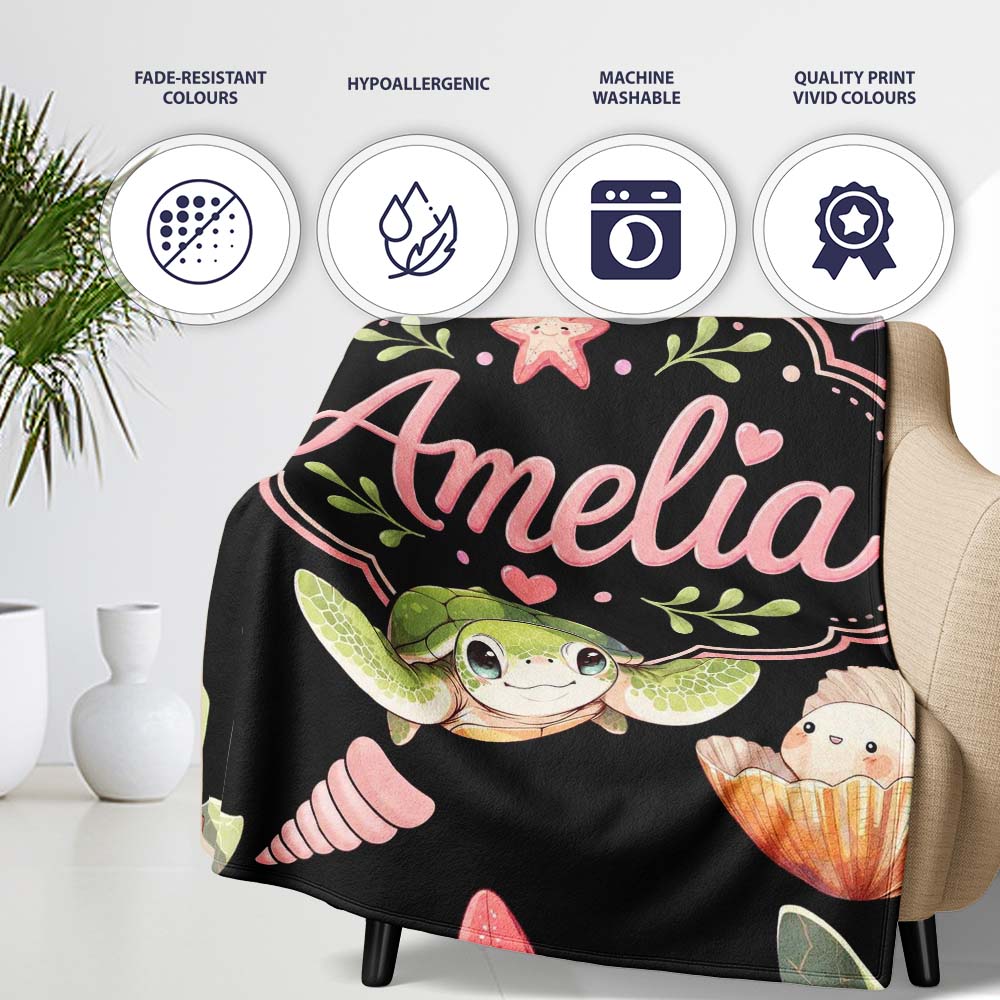 Cute Cartoon Sea Turtle Starfish Shells on White Background Seamless Personalised Custom Name Super Soft Fleece Blanket Bed Sofa Throw