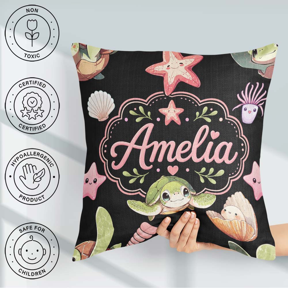Custom Name Cartoon Sea Turtle Starfish Shells on White Seamless Square Filled Cushion Throw Pillow Sofa Bed Home Decor Zip Washable UK Made