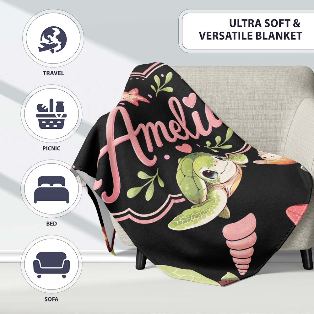Cute Cartoon Sea Turtle Starfish Shells on White Background Seamless Personalised Custom Name Super Soft Fleece Blanket Bed Sofa Throw