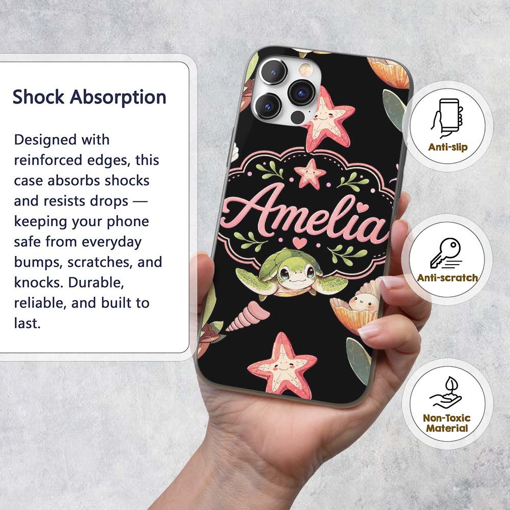 Cute Cartoon Sea Turtle Starfish Shells on White Custom Name Protective Phone Case Mobile Cover Durable Everyday Smartphone Shock Resistant