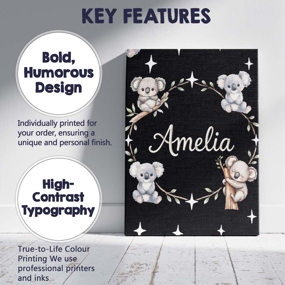 Personalised Name Cute Baby Koala Bears Custom Modern Room Accent Elegant Feature Canvas Wall Art Print Decor Picture Ready to Hang