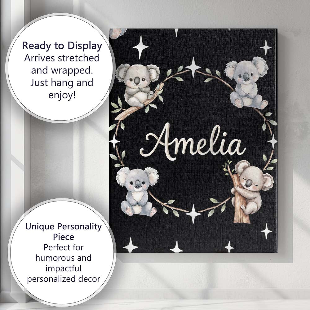 Personalised Name Cute Baby Koala Bears Custom Modern Room Accent Elegant Feature Canvas Wall Art Print Decor Picture Ready to Hang