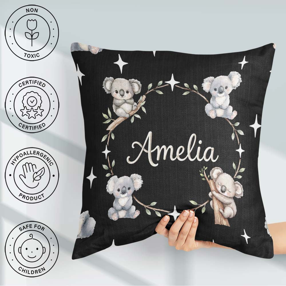 Custom Name Cute Baby Koala Bears with Stars on Black Background Square Filled Cushion Throw Pillow Sofa Bed Home Decor Zip Washable UK Made