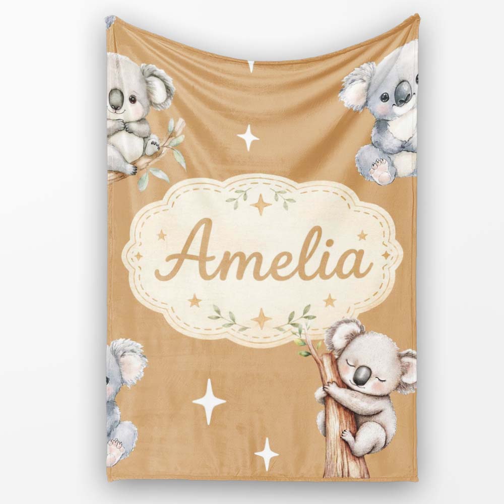 Cute Baby Koala Bears with Stars on Warm Brown Background Seamless Personalised Custom Name Super Soft Fleece Blanket Bed Sofa Throw