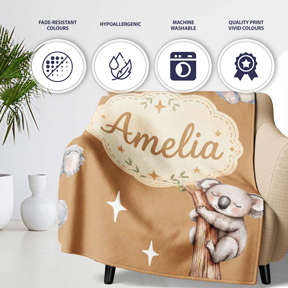 Cute Baby Koala Bears with Stars on Warm Brown Background Seamless Personalised Custom Name Super Soft Fleece Blanket Bed Sofa Throw