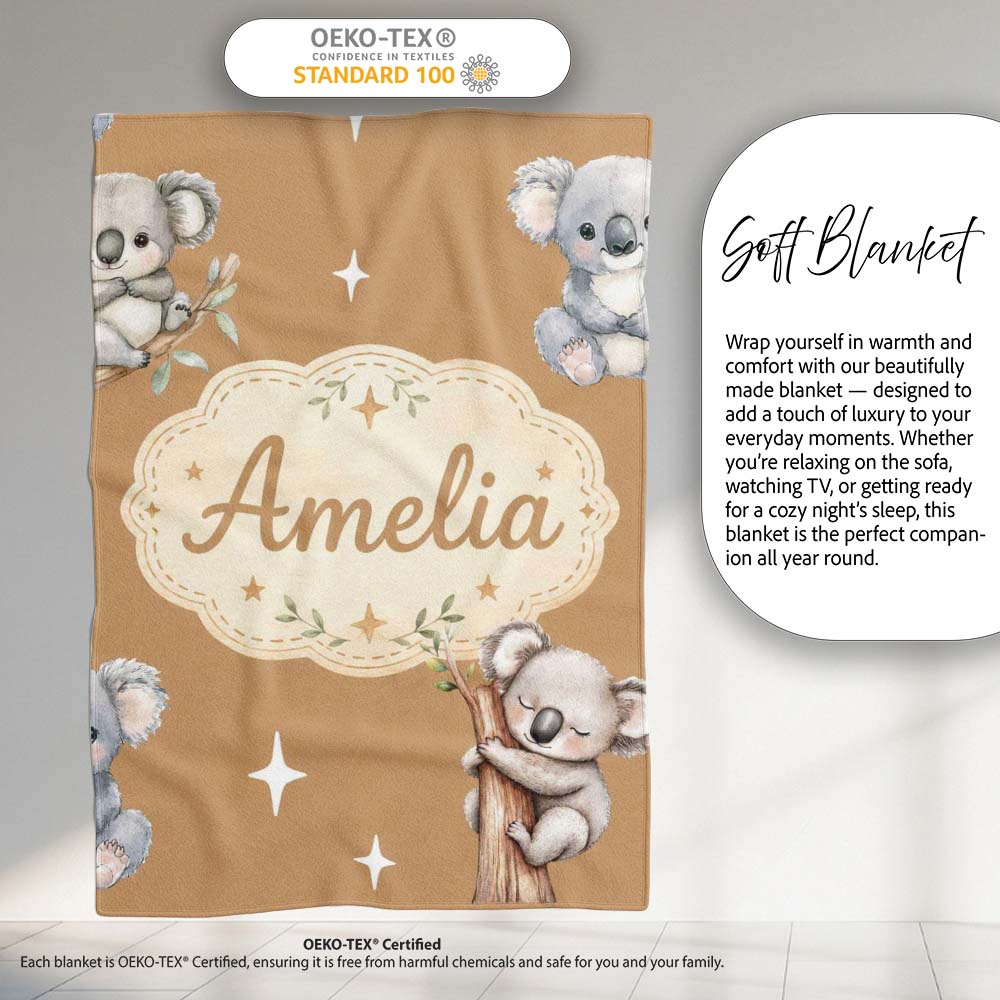 Cute Baby Koala Bears with Stars on Warm Brown Background Seamless Personalised Custom Name Super Soft Fleece Blanket Bed Sofa Throw