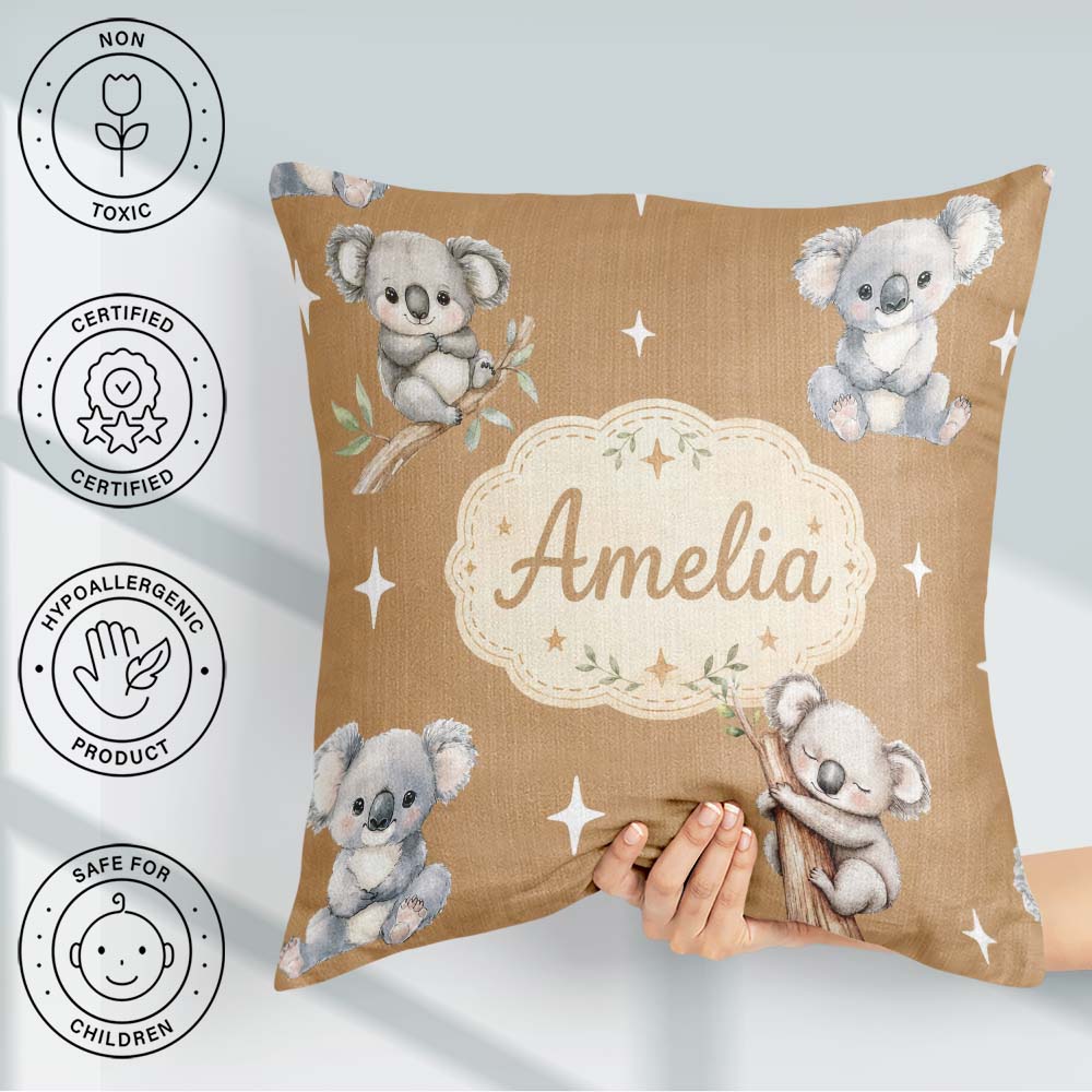Custom Name Baby Koala Bears with Stars on Warm Brown Background Square Filled Cushion Throw Pillow Sofa Bed Home Decor Zip Washable UK Made