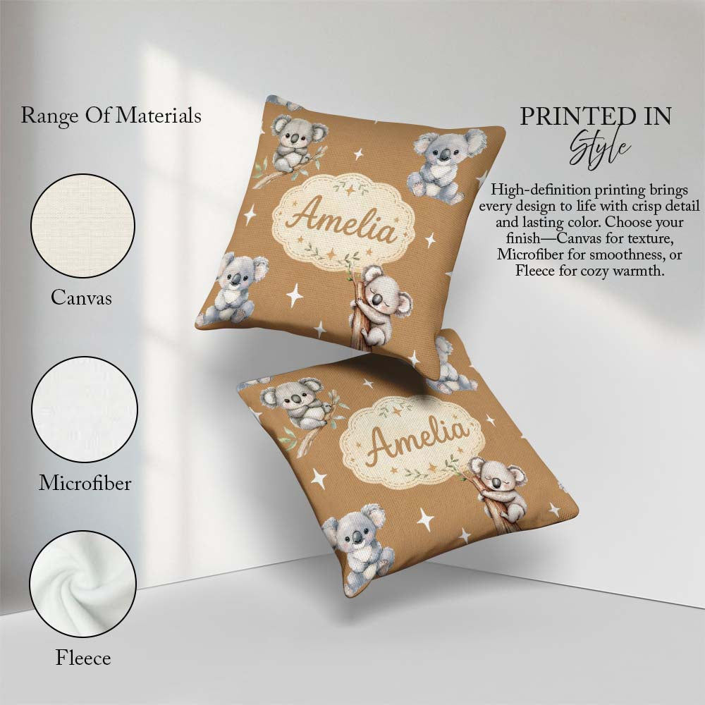 Custom Name Baby Koala Bears with Stars on Warm Brown Background Square Filled Cushion Throw Pillow Sofa Bed Home Decor Zip Washable UK Made