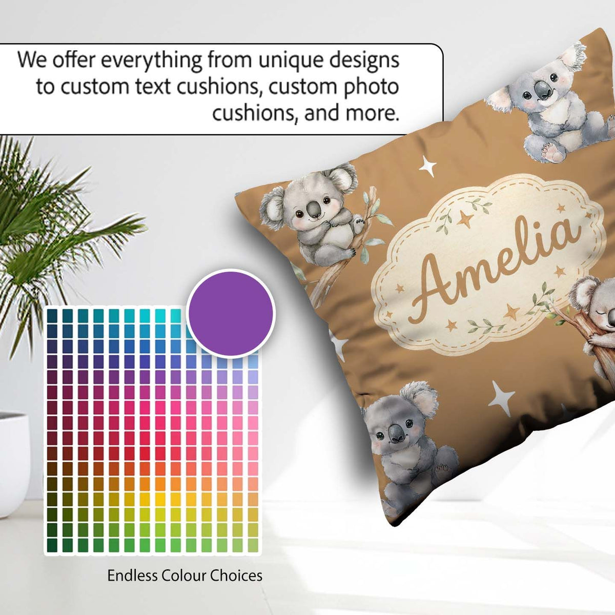 Custom Name Baby Koala Bears with Stars on Warm Brown Background Square Filled Cushion Throw Pillow Sofa Bed Home Decor Zip Washable UK Made