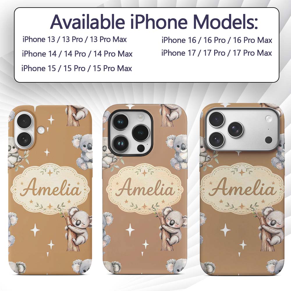 Cute Baby Koala Bears with Stars on Warm Brown Custom Name Protective Phone Case Mobile Cover Durable Everyday Smartphone Shock Resistant