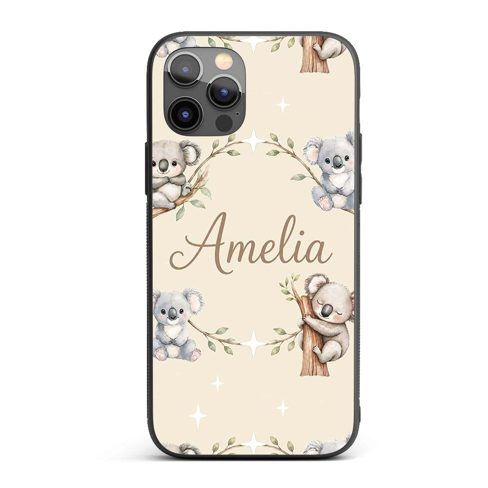 Cute Baby Koala Bears with Stars on Soft Beige Custom Name Protective Phone Case Mobile Cover Durable Everyday Smartphone Shock Resistant