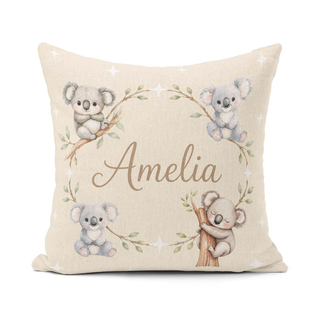 Custom Name Baby Koala Bears with Stars on Soft Beige Background Square Filled Cushion Throw Pillow Sofa Bed Home Decor Zip Washable UK Made