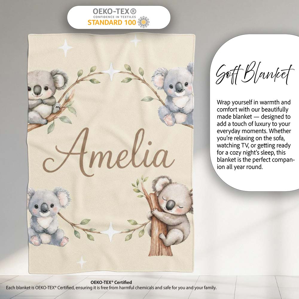 Cute Baby Koala Bears with Stars on Soft Beige Background Seamless Personalised Custom Name Super Soft Fleece Blanket Bed Sofa Throw