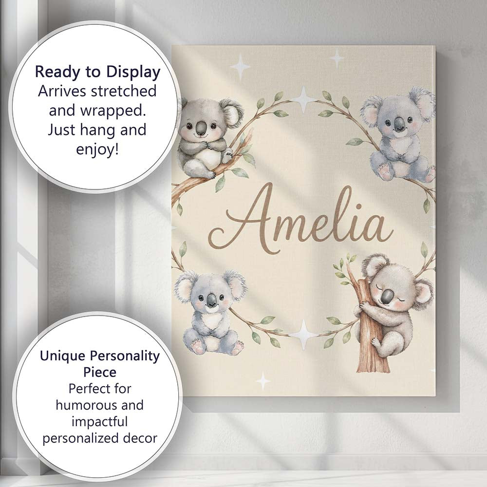 Personalised Name Cute Baby Koala Bears Custom Modern Room Accent Elegant Feature Canvas Wall Art Print Decor Picture Ready to Hang