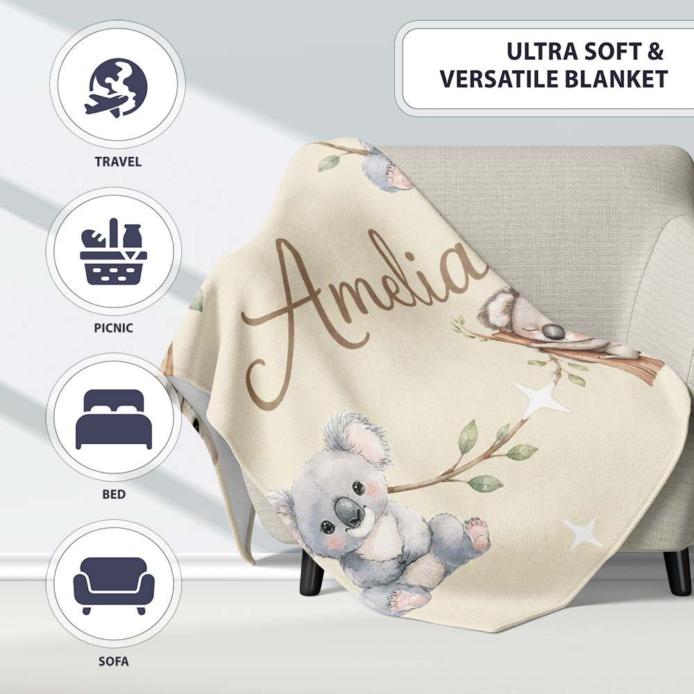 Cute Baby Koala Bears with Stars on Soft Beige Background Seamless Personalised Custom Name Super Soft Fleece Blanket Bed Sofa Throw