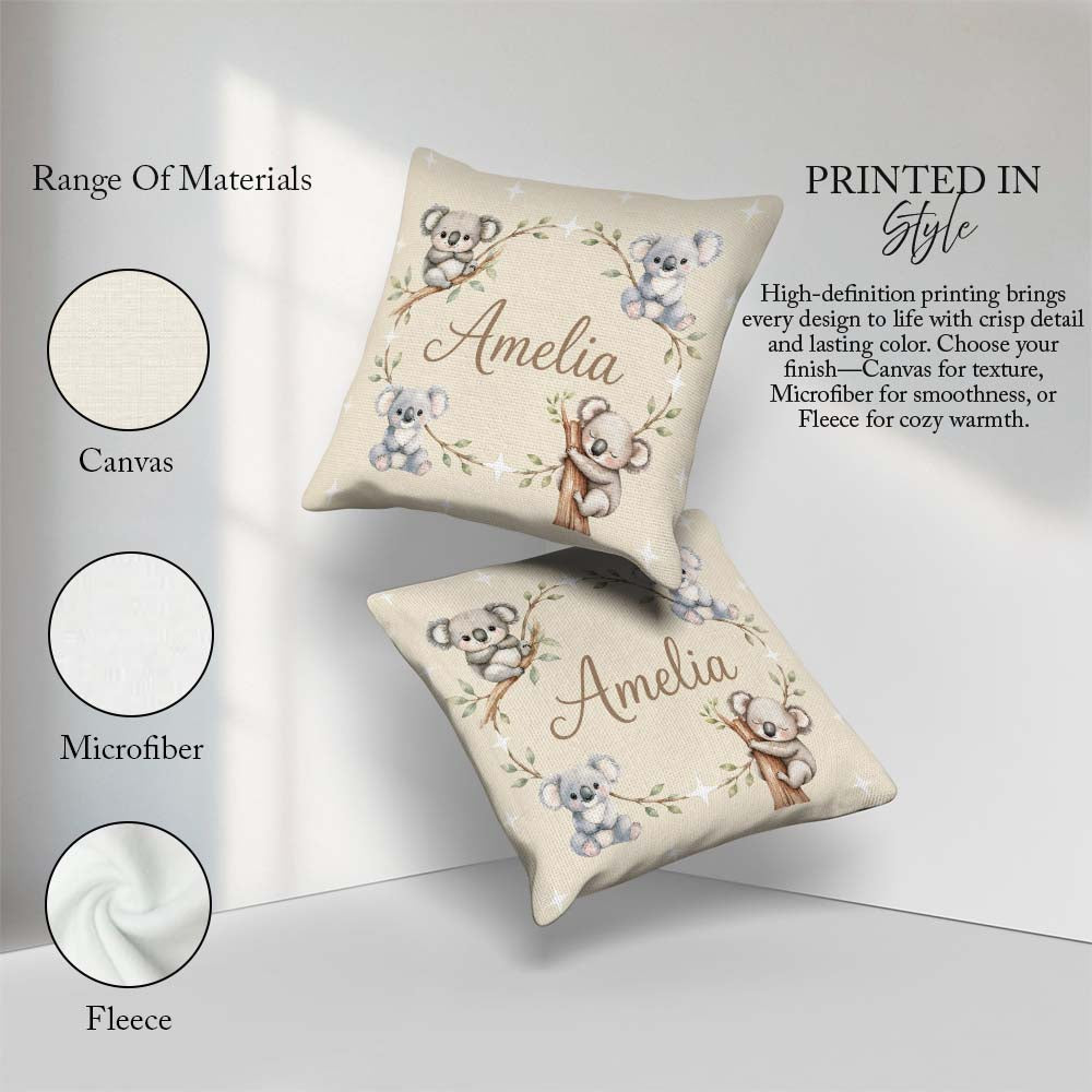 Custom Name Baby Koala Bears with Stars on Soft Beige Background Square Filled Cushion Throw Pillow Sofa Bed Home Decor Zip Washable UK Made