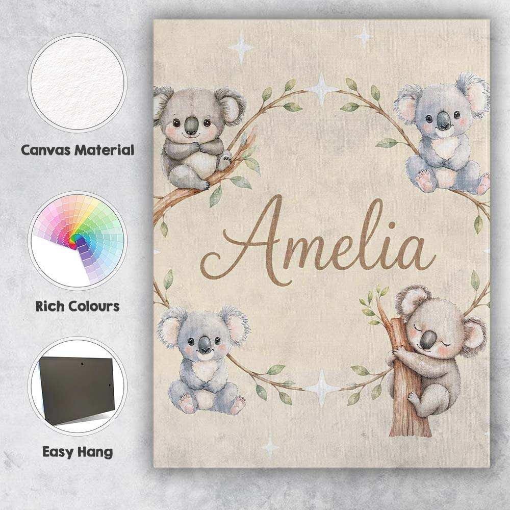 Personalised Name Cute Baby Koala Bears Custom Modern Room Accent Elegant Feature Canvas Wall Art Print Decor Picture Ready to Hang