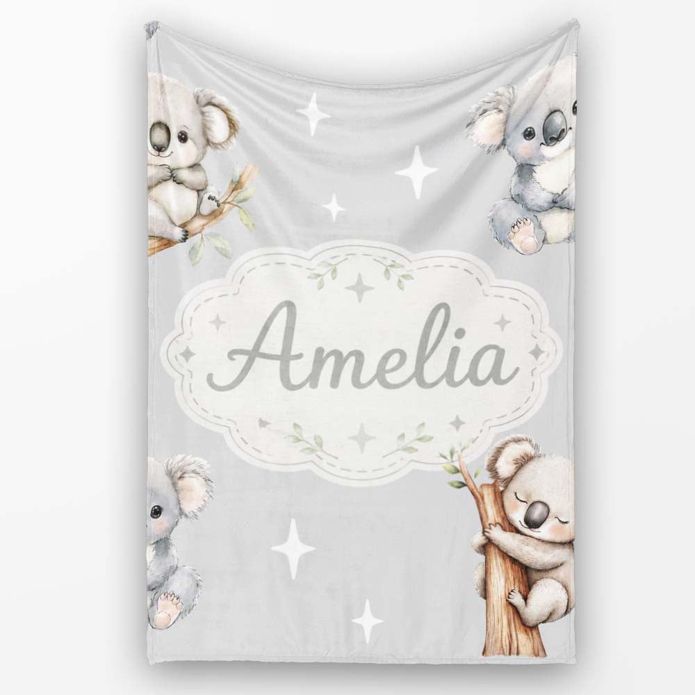 Cute Baby Koala Bears with Stars on Grey Background Seamless Pattern Personalised Custom Name Super Soft Fleece Blanket Bed Sofa Throw