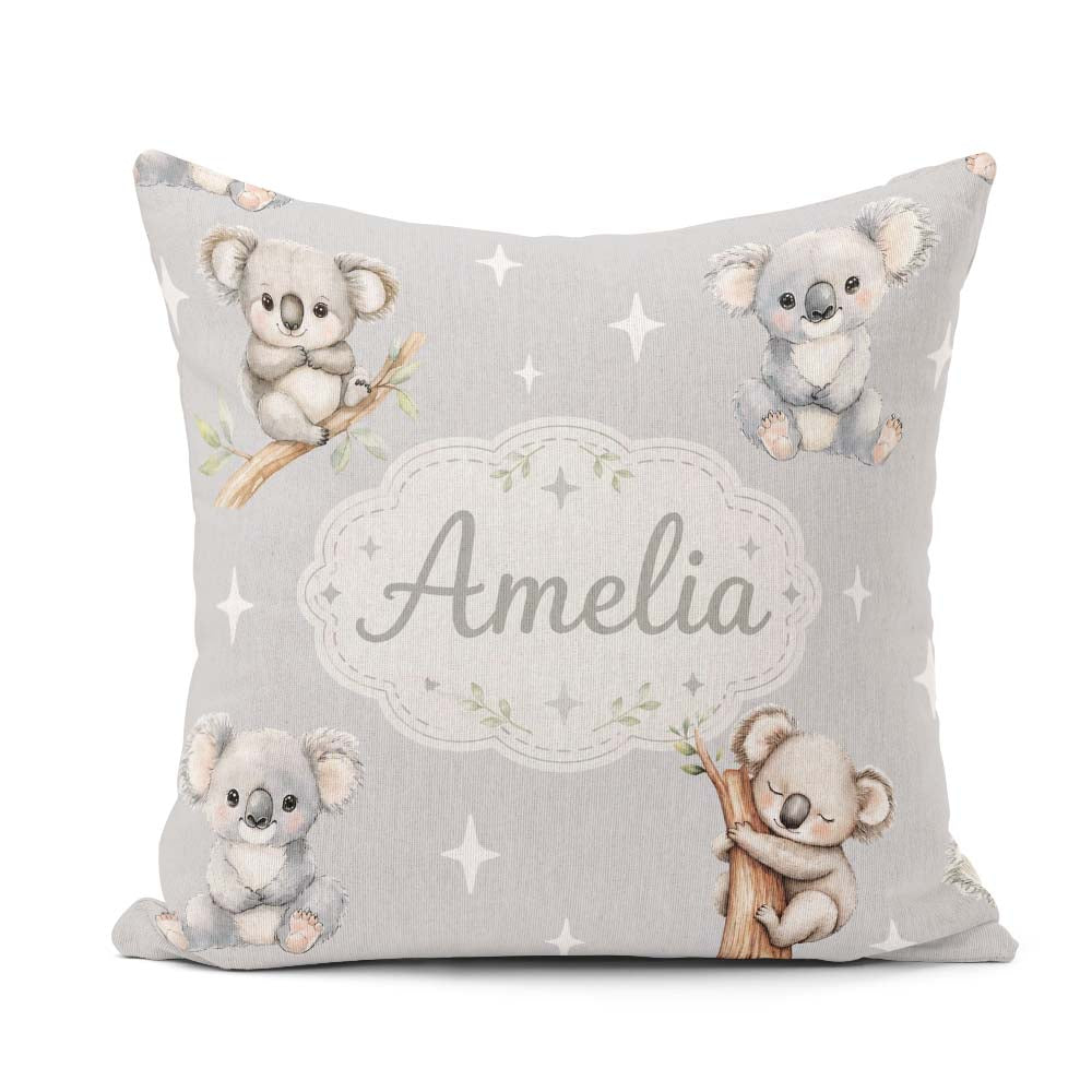 Custom Name Baby Koala Bears with Stars on Grey Seamless Pattern Square Filled Cushion Throw Pillow Sofa Bed Home Decor Zip Washable UK Made
