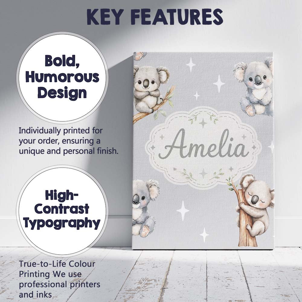Personalised Name Cute Baby Koala Bears Custom Modern Room Accent Elegant Feature Canvas Wall Art Print Decor Picture Ready to Hang