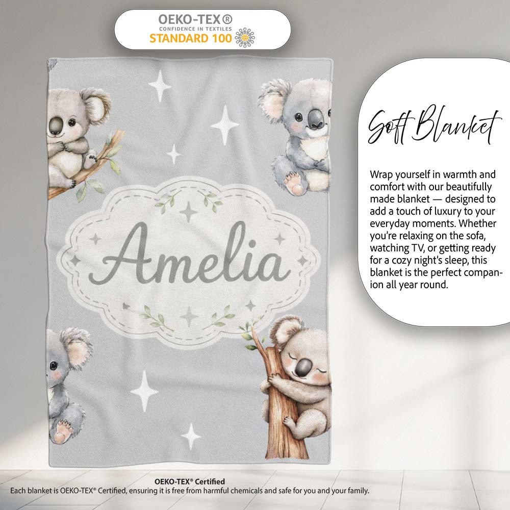 Cute Baby Koala Bears with Stars on Grey Background Seamless Pattern Personalised Custom Name Super Soft Fleece Blanket Bed Sofa Throw