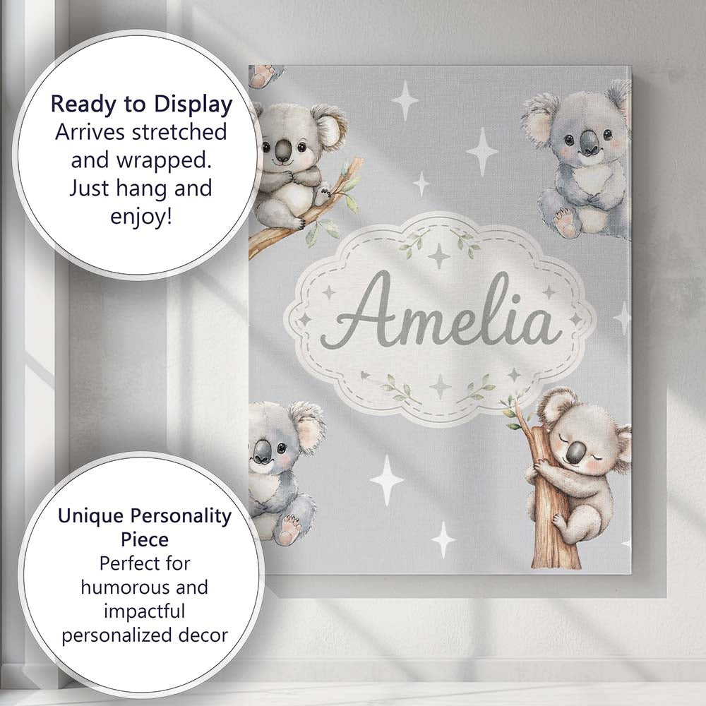 Personalised Name Cute Baby Koala Bears Custom Modern Room Accent Elegant Feature Canvas Wall Art Print Decor Picture Ready to Hang