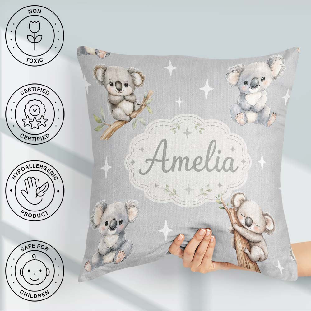 Custom Name Baby Koala Bears with Stars on Grey Seamless Pattern Square Filled Cushion Throw Pillow Sofa Bed Home Decor Zip Washable UK Made