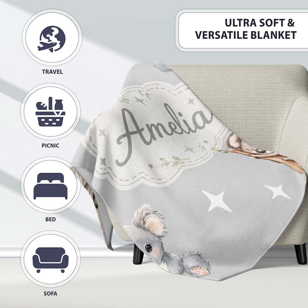 Cute Baby Koala Bears with Stars on Grey Background Seamless Pattern Personalised Custom Name Super Soft Fleece Blanket Bed Sofa Throw