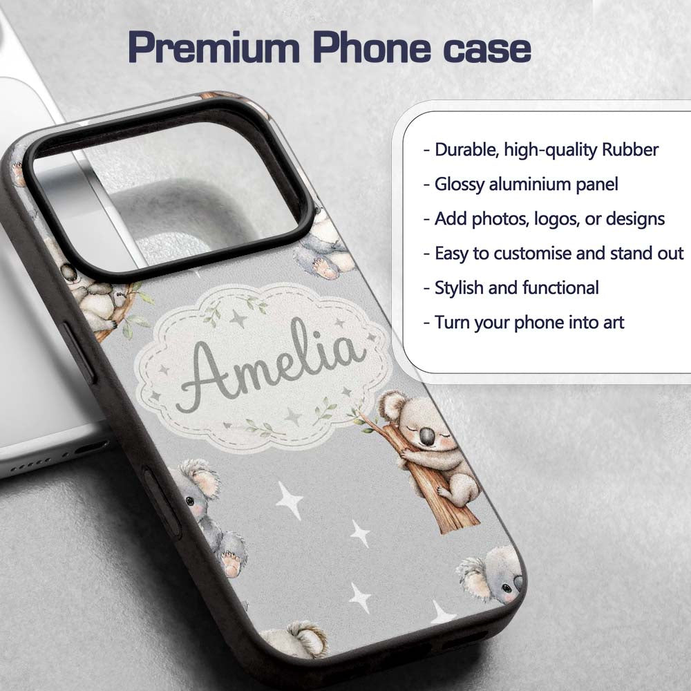 Cute Baby Koala Bears with Stars Printed Design Custom Name Protective Phone Case Mobile Cover Durable Everyday Smartphone Shock Resistant