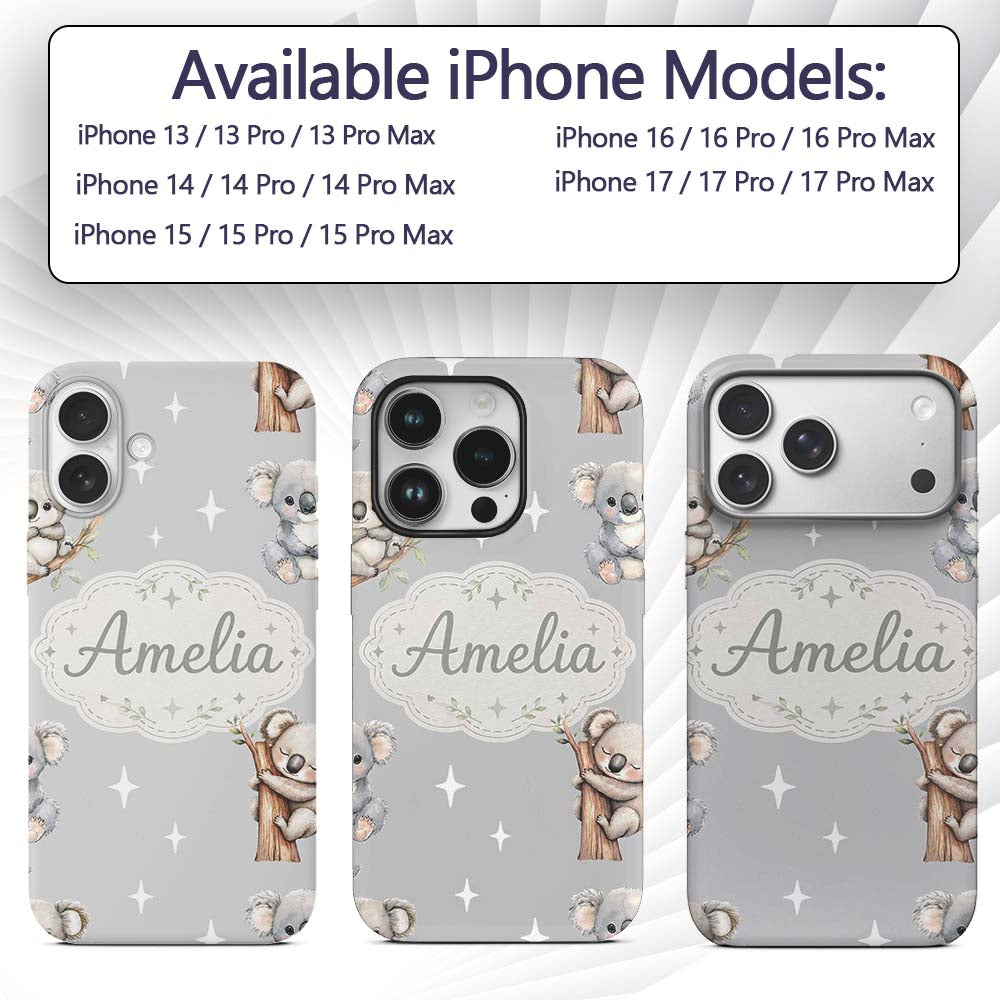 Cute Baby Koala Bears with Stars Printed Design Custom Name Protective Phone Case Mobile Cover Durable Everyday Smartphone Shock Resistant