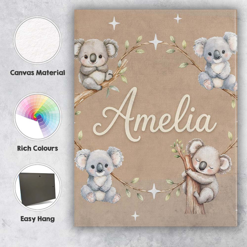 Personalised Name Cute Baby Koala Bears Custom Modern Room Accent Elegant Feature Canvas Wall Art Print Decor Picture Ready to Hang