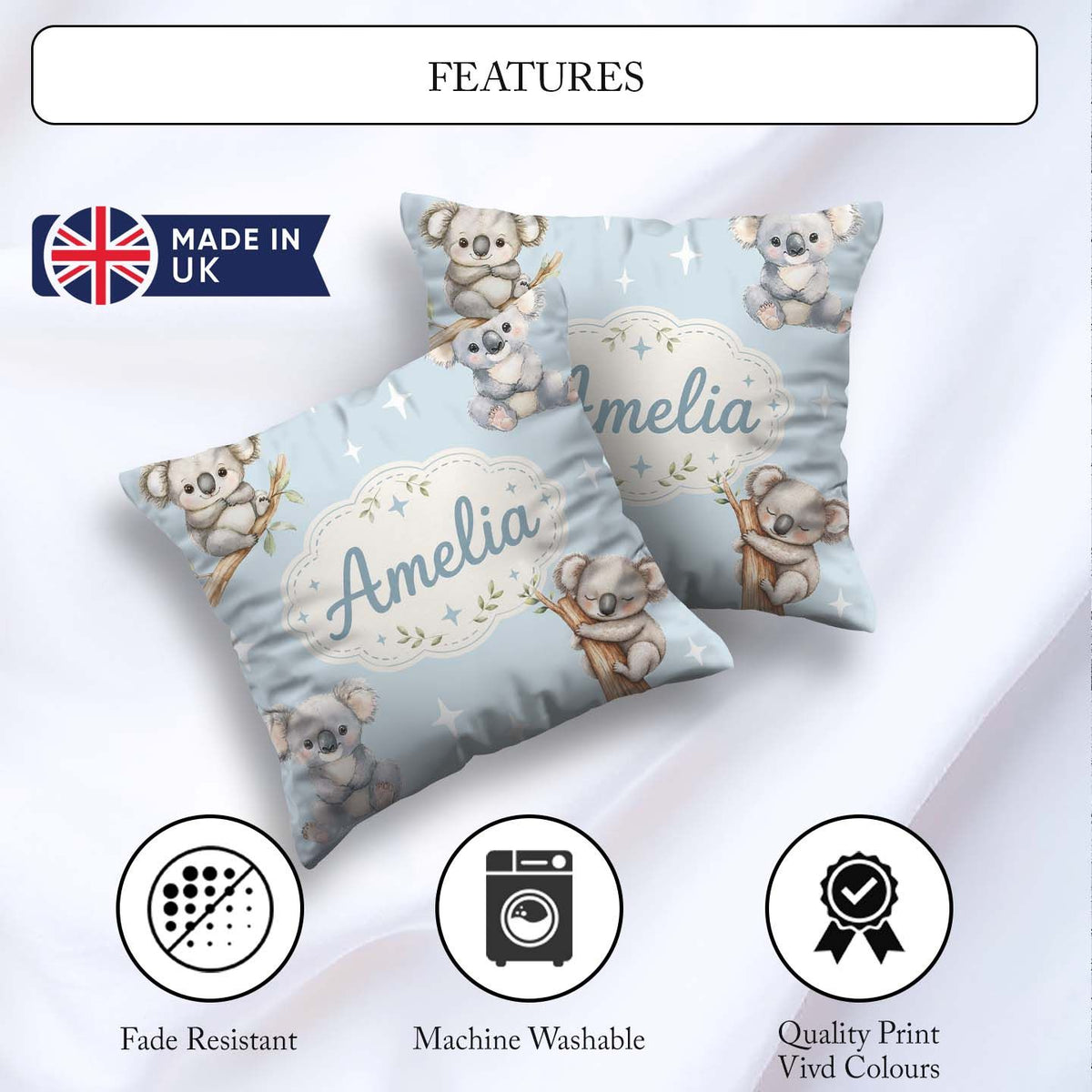 Custom Name Baby Koala Bears with Stars on Soft Blue Background Square Filled Cushion Throw Pillow Sofa Bed Home Decor Zip Washable UK Made