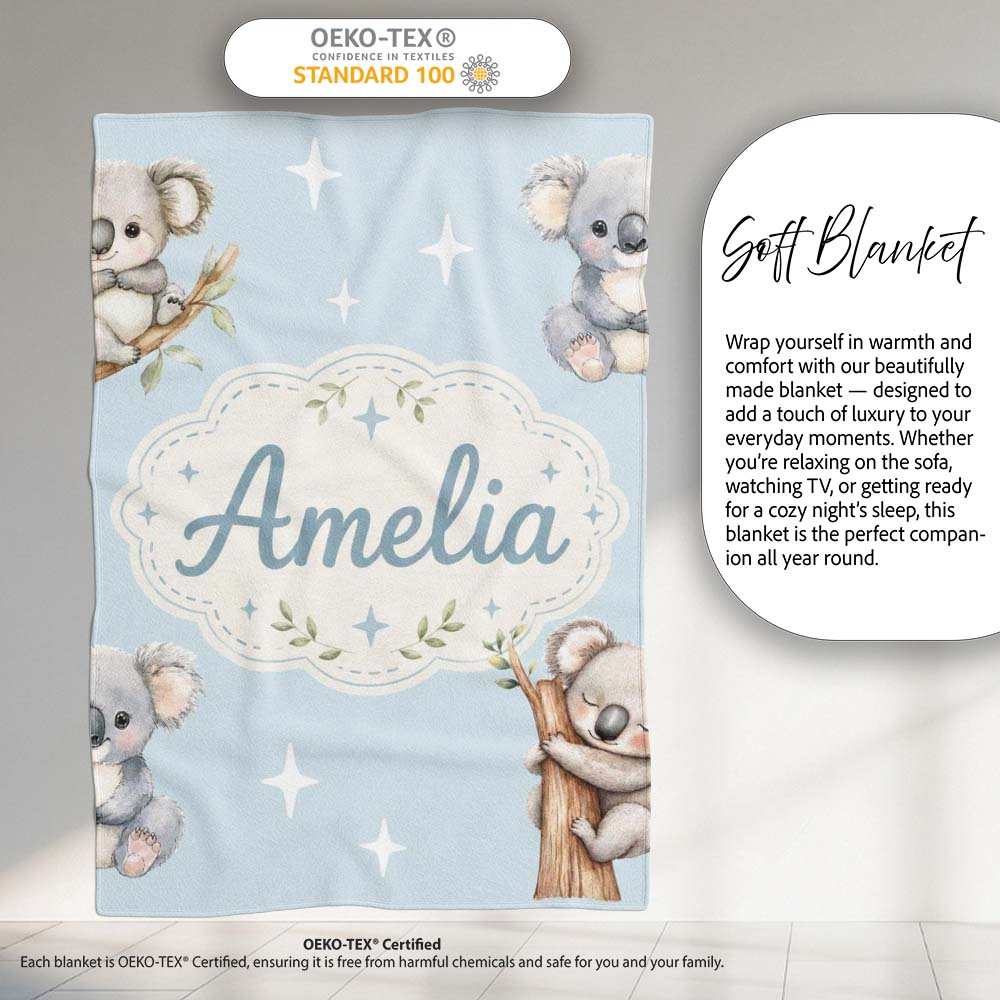 Cute Baby Koala Bears with Stars on Soft Blue Background Seamless Personalised Custom Name Super Soft Fleece Blanket Bed Sofa Throw