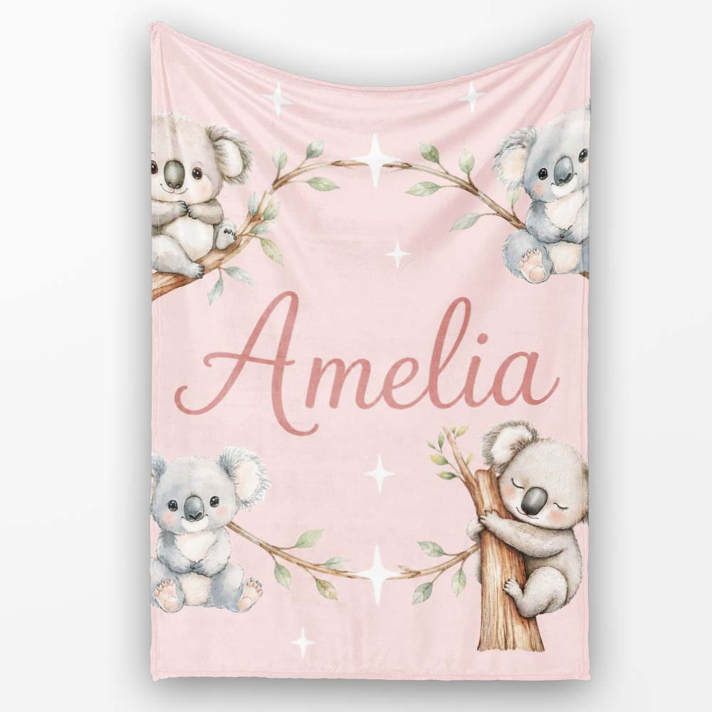 Cute Baby Koala Bears with Stars on Blush Pink Background Seamless Personalised Custom Name Super Soft Fleece Blanket Bed Sofa Throw