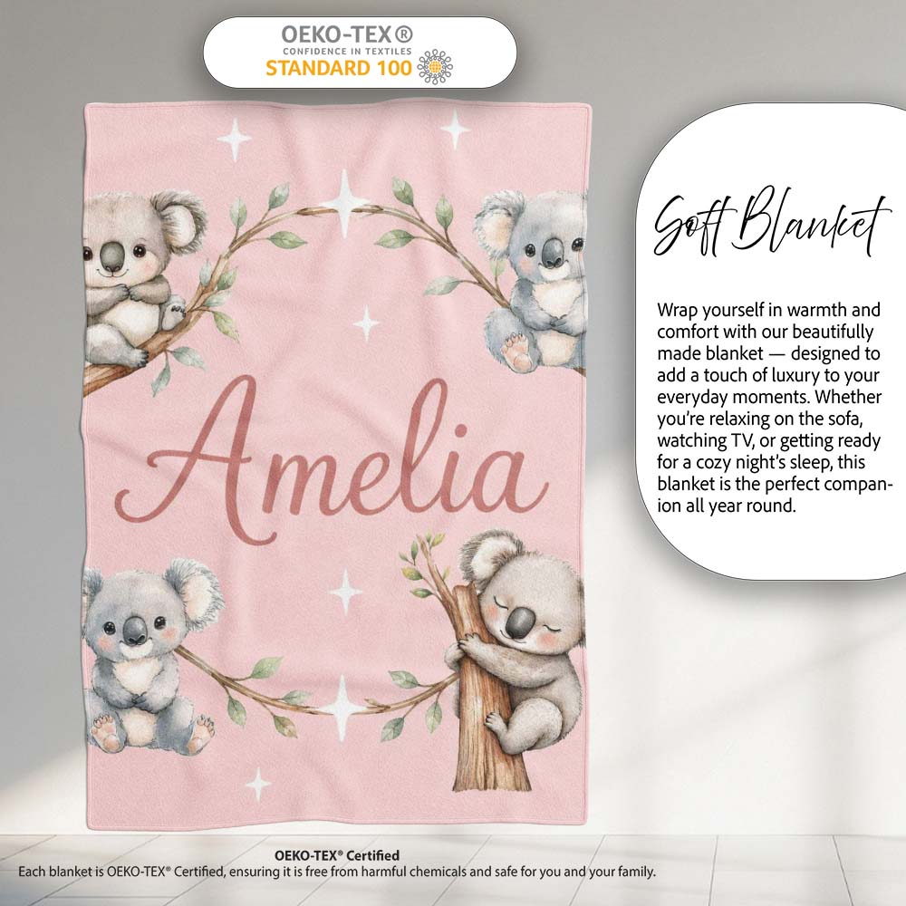 Cute Baby Koala Bears with Stars on Blush Pink Background Seamless Personalised Custom Name Super Soft Fleece Blanket Bed Sofa Throw