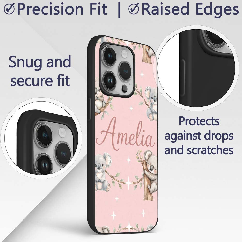 Cute Baby Koala Bears with Stars on Blush Pink Custom Name Protective Phone Case Mobile Cover Durable Everyday Smartphone Shock Resistant