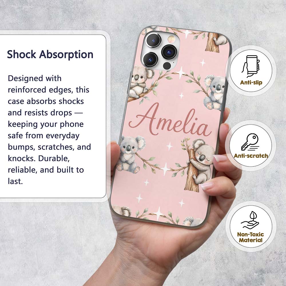 Cute Baby Koala Bears with Stars on Blush Pink Custom Name Protective Phone Case Mobile Cover Durable Everyday Smartphone Shock Resistant