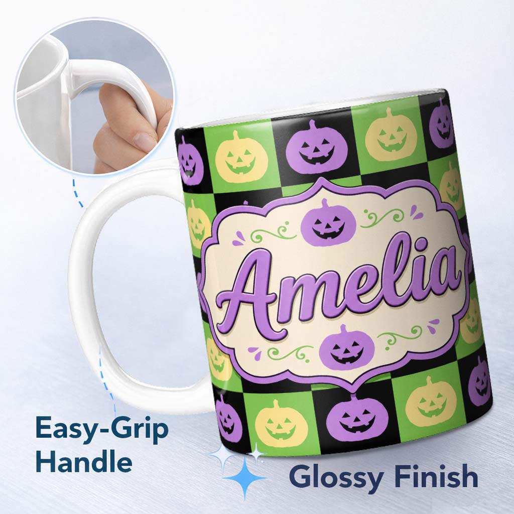 Personalized Custom Name Cute Halloween Pumpkin Faces Green Black Checker Seamless Pattern 11oz Ceramic Coffee Tea Mug White Large Handle
