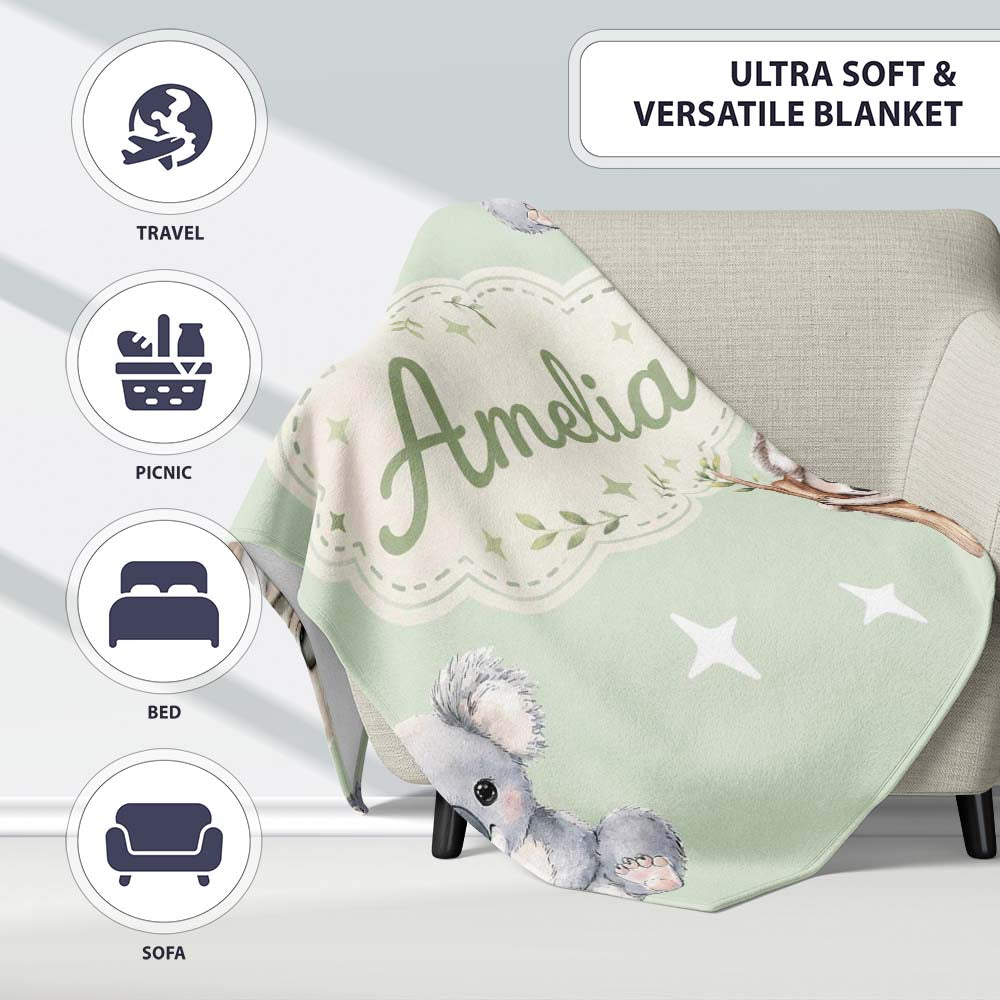 Cute Baby Koala Bears with Stars on Sage Green Background Seamless Personalised Custom Name Super Soft Fleece Blanket Bed Sofa Throw