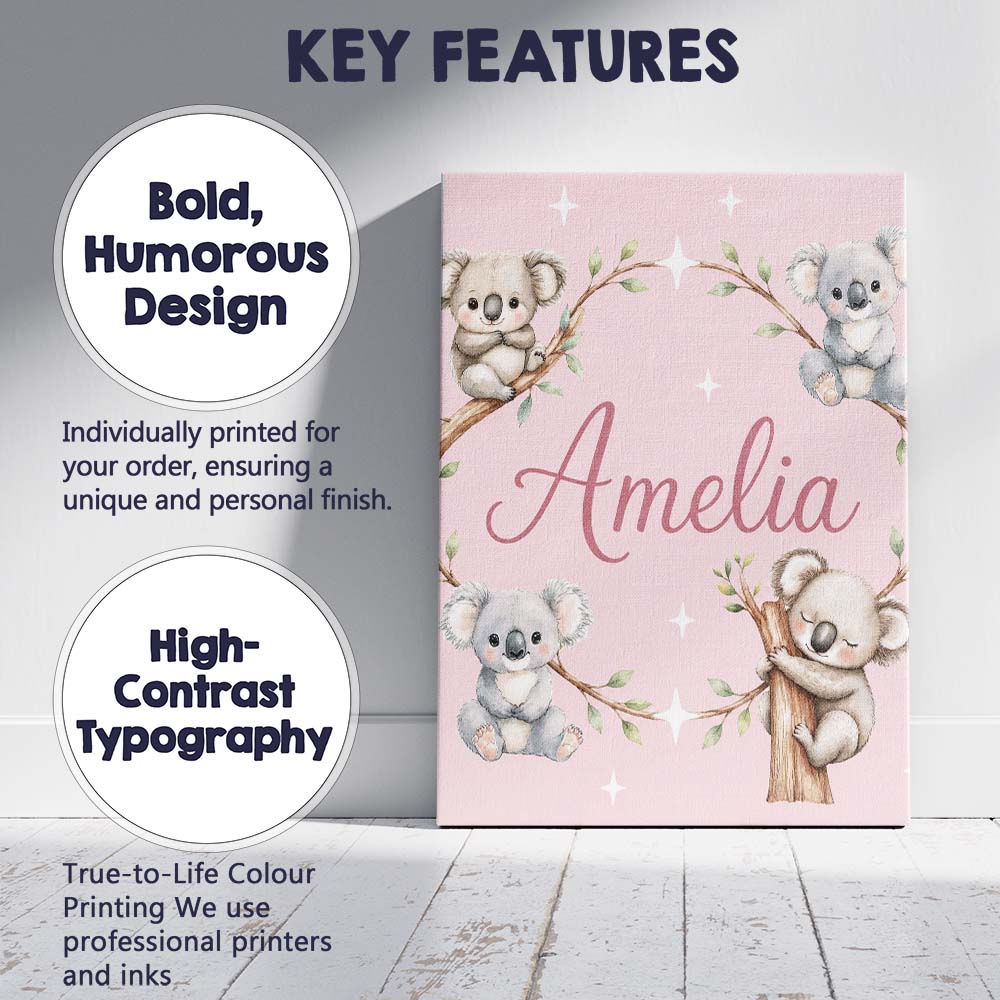 Personalised Name Cute Baby Koala Bears Custom Modern Room Accent Elegant Feature Canvas Wall Art Print Decor Picture Ready to Hang