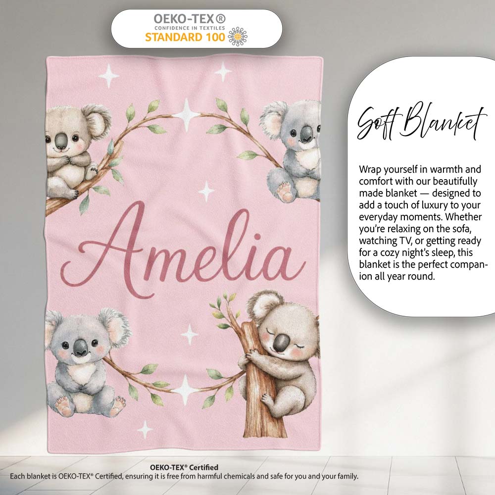 Cute Baby Koala Bears with Stars on Dusty Rose Background Seamless Personalised Custom Name Super Soft Fleece Blanket Bed Sofa Throw