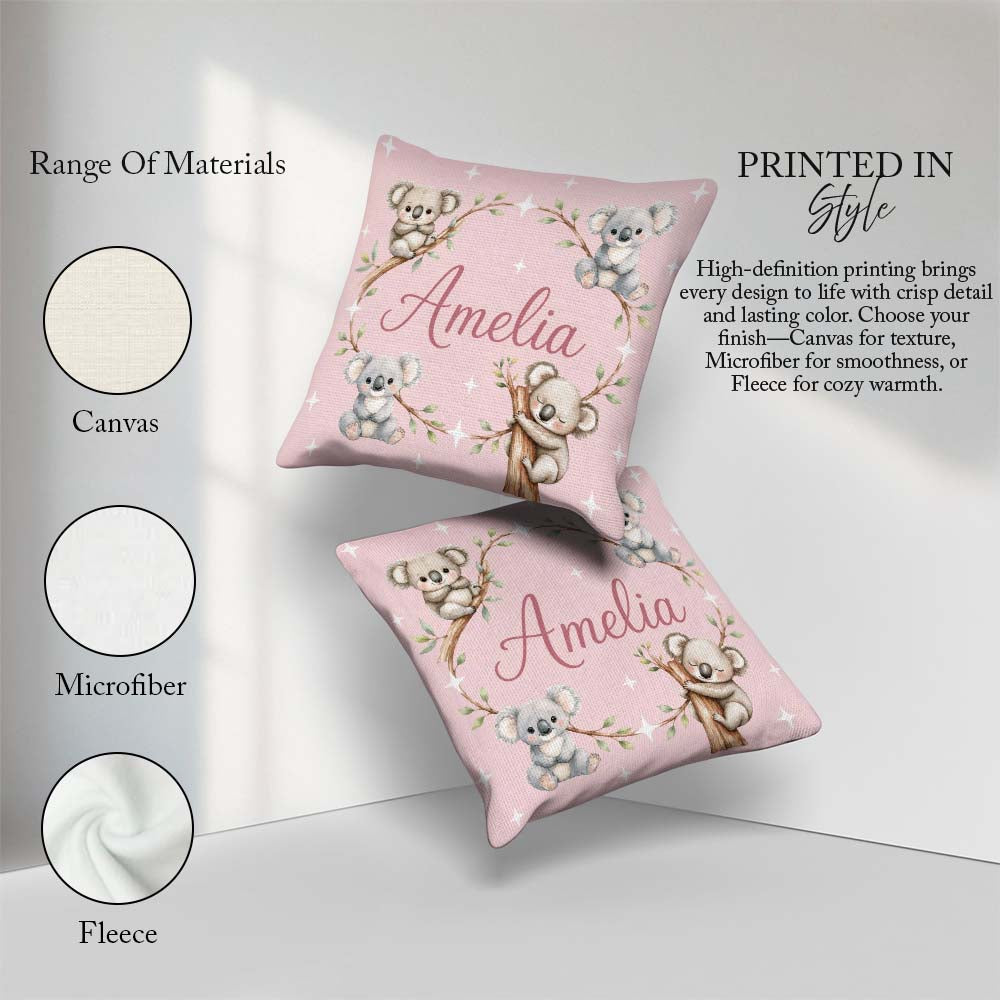 Custom Name Baby Koala Bears with Stars on Dusty Rose Background Square Filled Cushion Throw Pillow Sofa Bed Home Decor Zip Washable UK Made