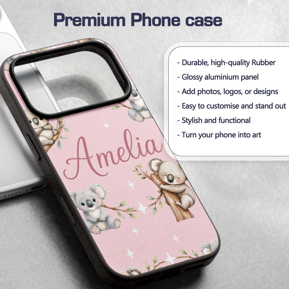 Cute Baby Koala Bears with Stars on Dusty Rose Custom Name Protective Phone Case Mobile Cover Durable Everyday Smartphone Shock Resistant