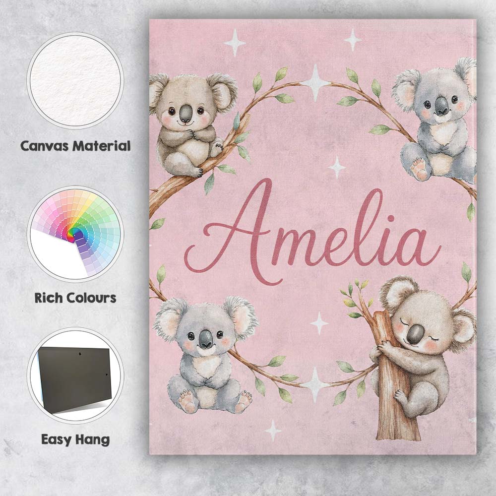 Personalised Name Cute Baby Koala Bears Custom Modern Room Accent Elegant Feature Canvas Wall Art Print Decor Picture Ready to Hang