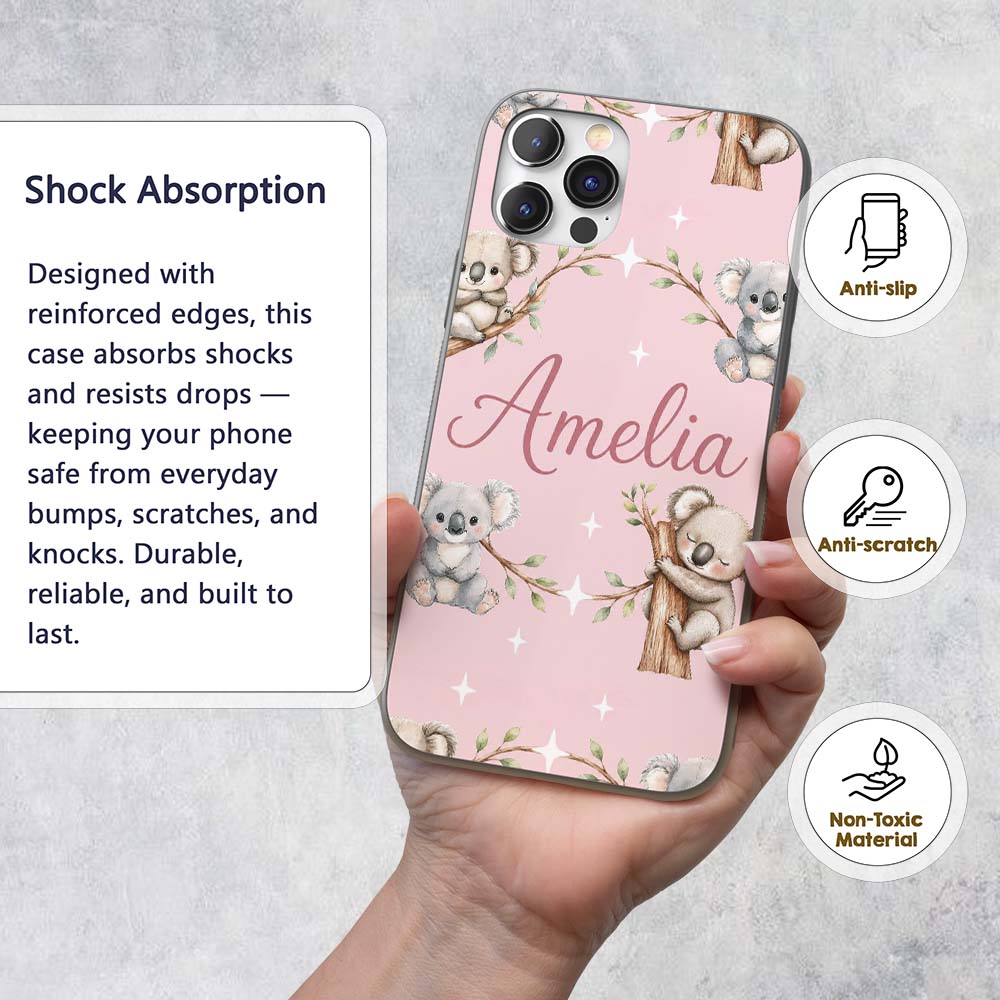 Cute Baby Koala Bears with Stars on Dusty Rose Custom Name Protective Phone Case Mobile Cover Durable Everyday Smartphone Shock Resistant