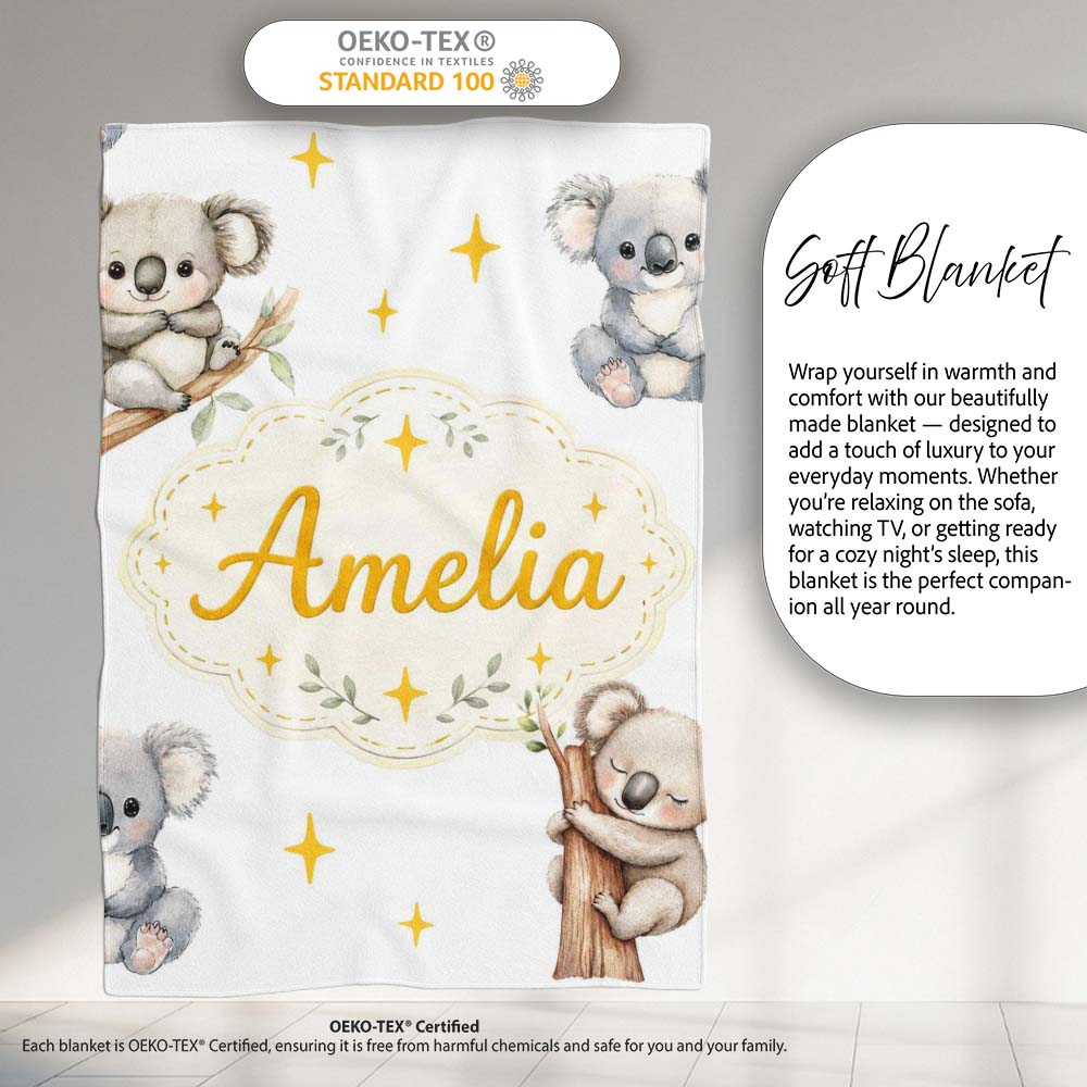 Cute Baby Koala Bears with Yellow Stars on Light Grey Background Personalised Custom Name Super Soft Fleece Blanket Bed Sofa Throw