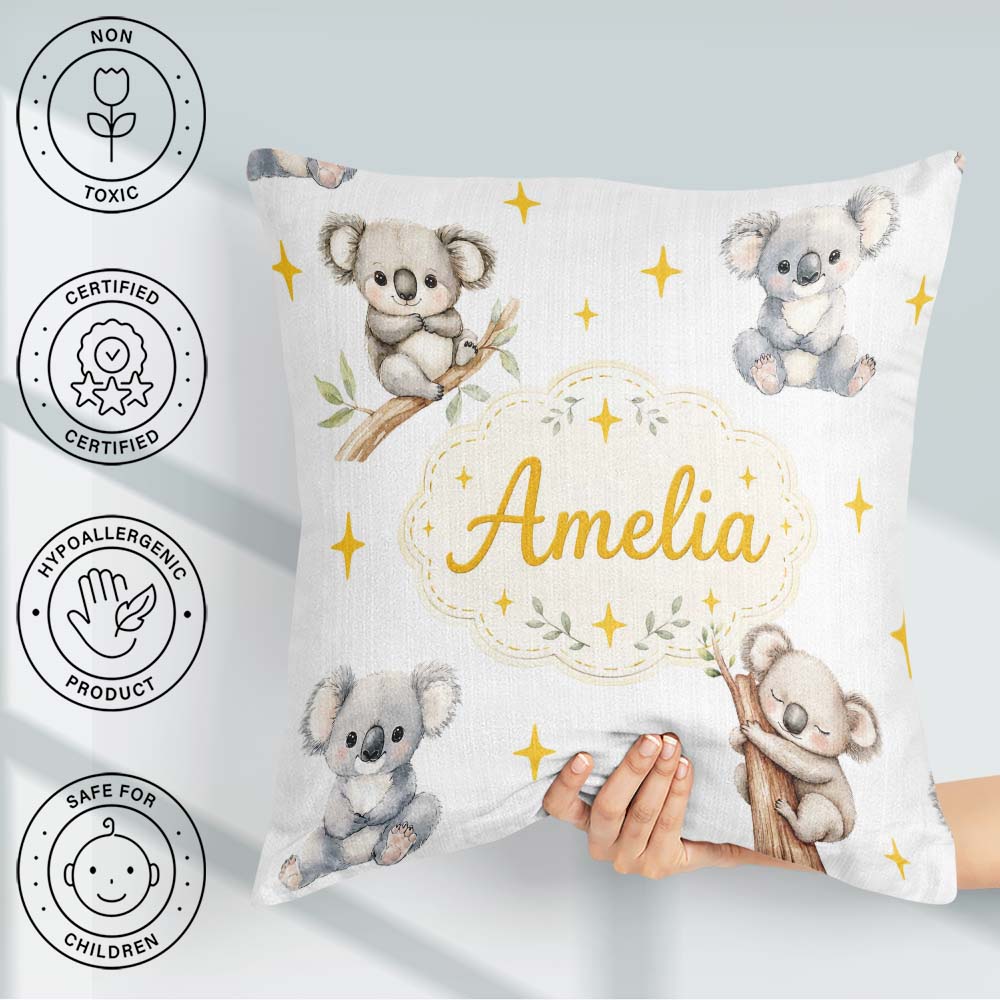 Custom Name Baby Koala Bears with Stars on Light Grey Background Square Filled Cushion Throw Pillow Sofa Bed Home Decor Zip Washable UK Made